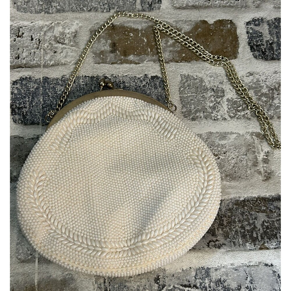 Vintage White Bead Sequin Kiss Lock Evening Bag Purse Gold Chain Strap Hong Kong
